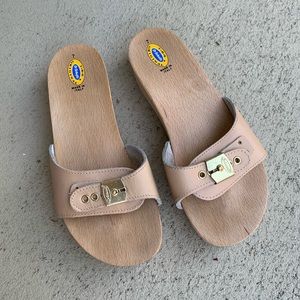 Tan Beige Original Dr. Scholl’s Slide On Leather Wooden Clog Sandal